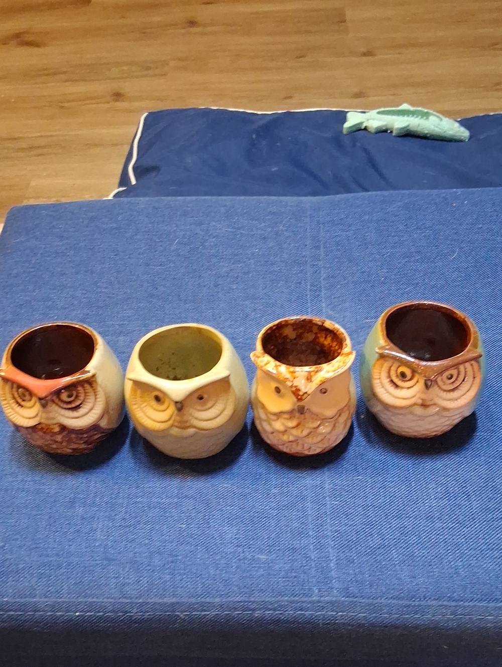 Vintage Owl Ceramic Planter Set in Brown, Cream, Yellow and Green